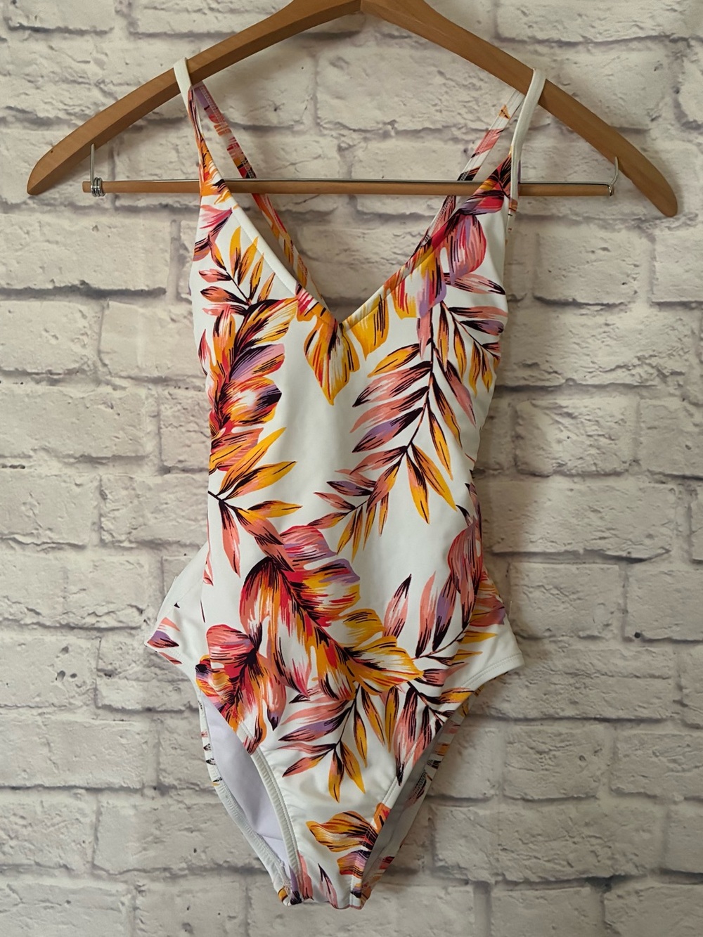 Kona Sol White One-Piece Swimsuit with Pink & Yellow Tropical Print - Small
